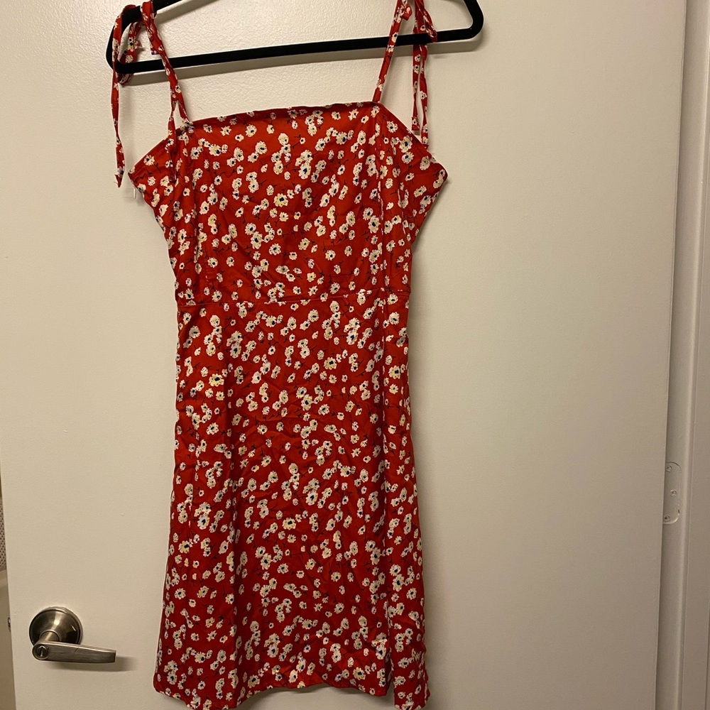 Red Daisy Floral Summer Dress Tie Straps Shein